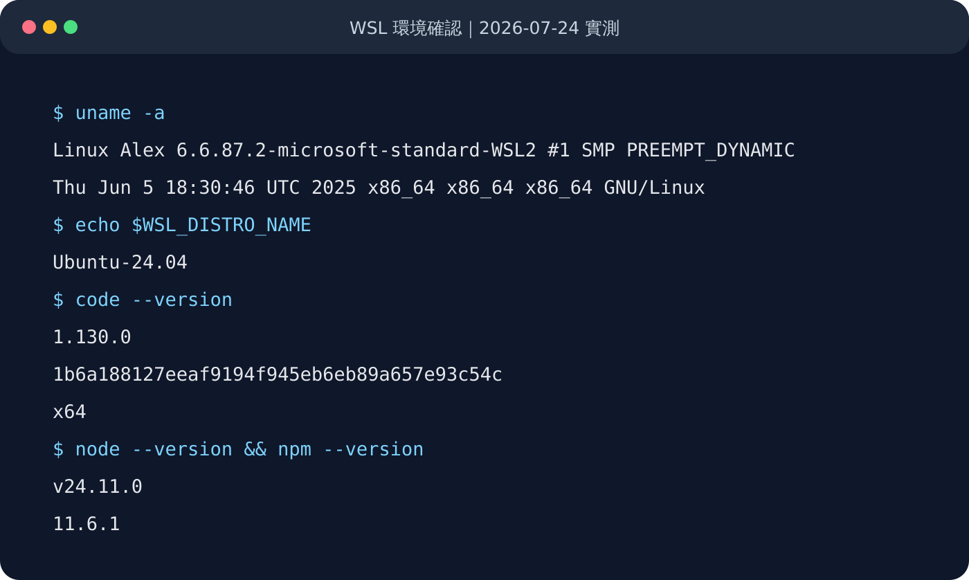 WSL2、VS Code、Node 與 npm 版本的實際終端紀錄
