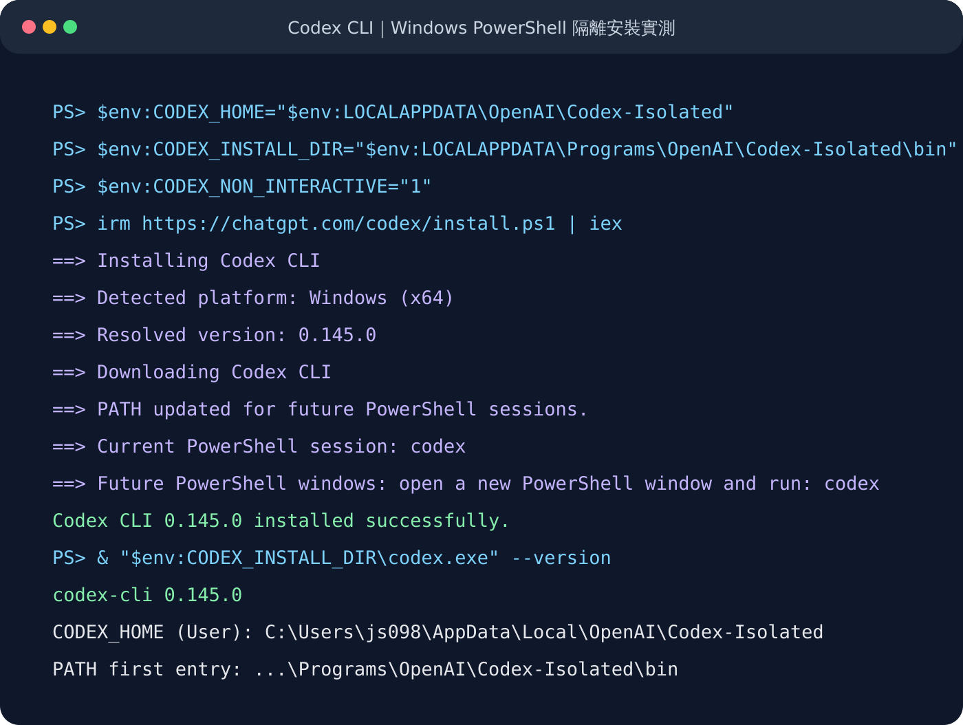 Codex 在 Windows PowerShell 實際安裝並驗證 Codex CLI