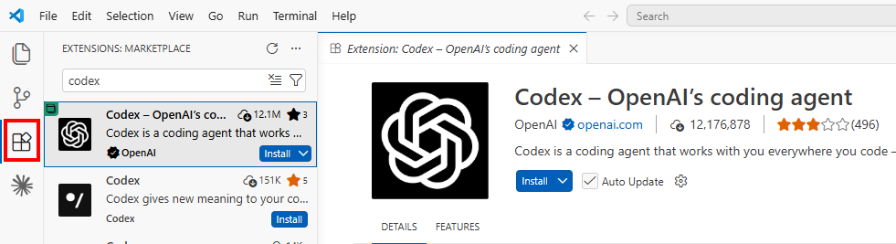先點選 VS Code 左側紅框標示的 Extensions 插件圖示