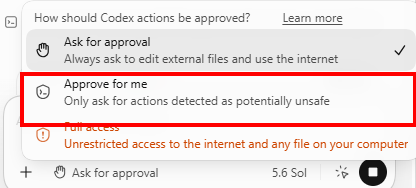 在 Codex 插件權限選單選擇紅框標示的 Approve for me